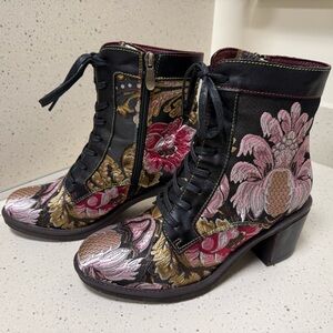 Floral Lace-Up Boots - Black, Pink, and Gold